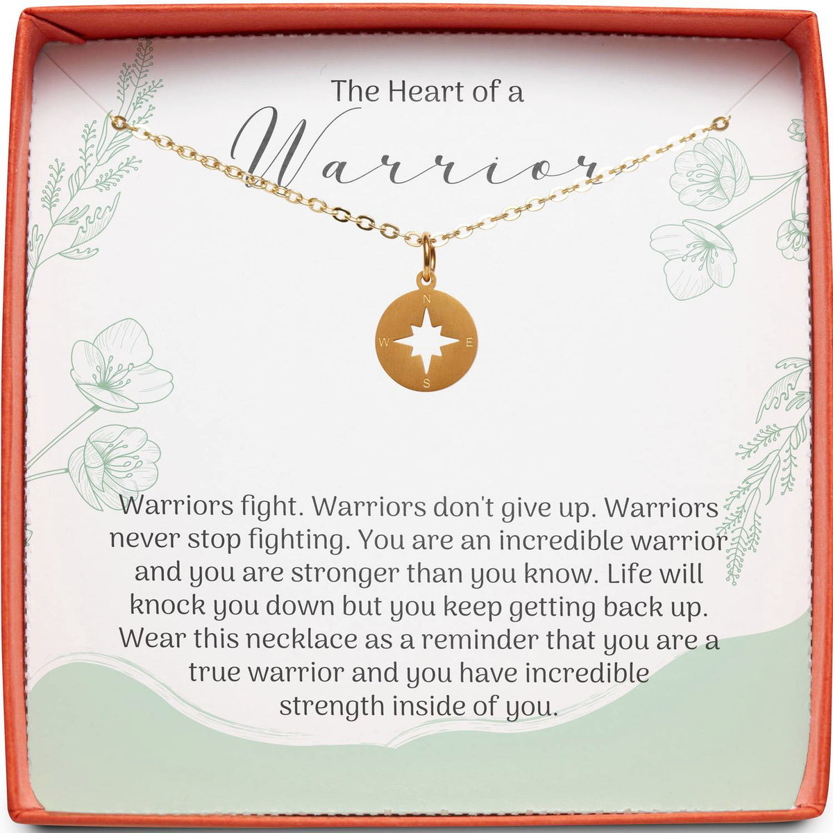 Gift for Cancer Inspiration | The Heart of a Warrior | Compass Necklace