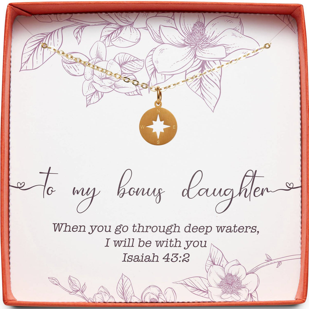To My Bonus Daughter | Deep Waters Isaiah 43:2 | Compass Necklace