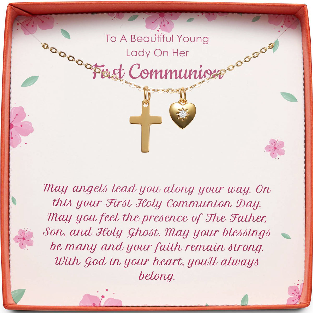 To A Beautiful Young Lady On Her First Communion | May Angels Lead You | Cross Necklace