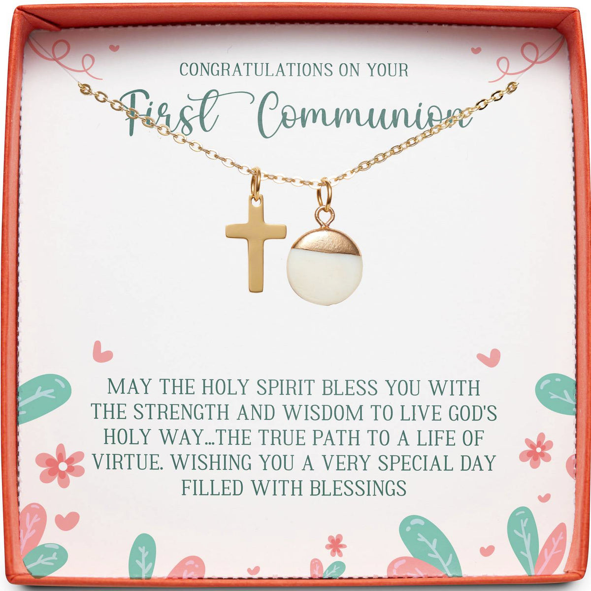 Congratulations on Your First Communion | Holy Spirit Bless You | Cross Necklace