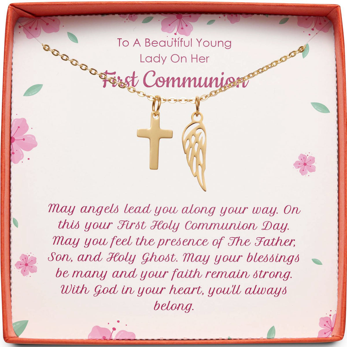 To A Beautiful Young Lady On Her First Communion | May Angels Lead You | Cross Necklace