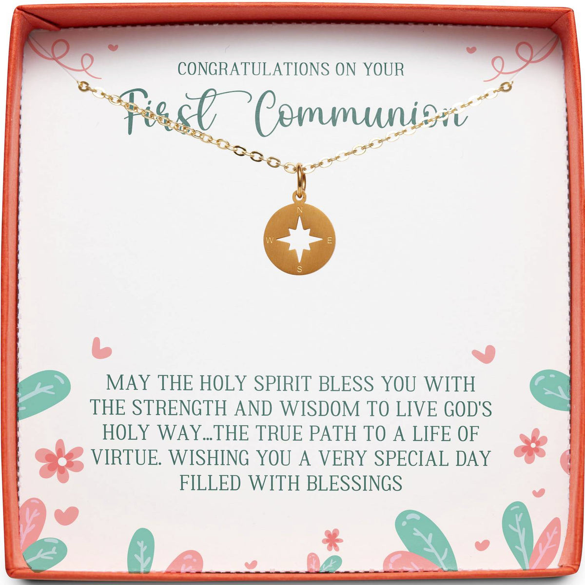 Congratulations on Your First Communion | Holy Spirit Bless You | Compass Necklace