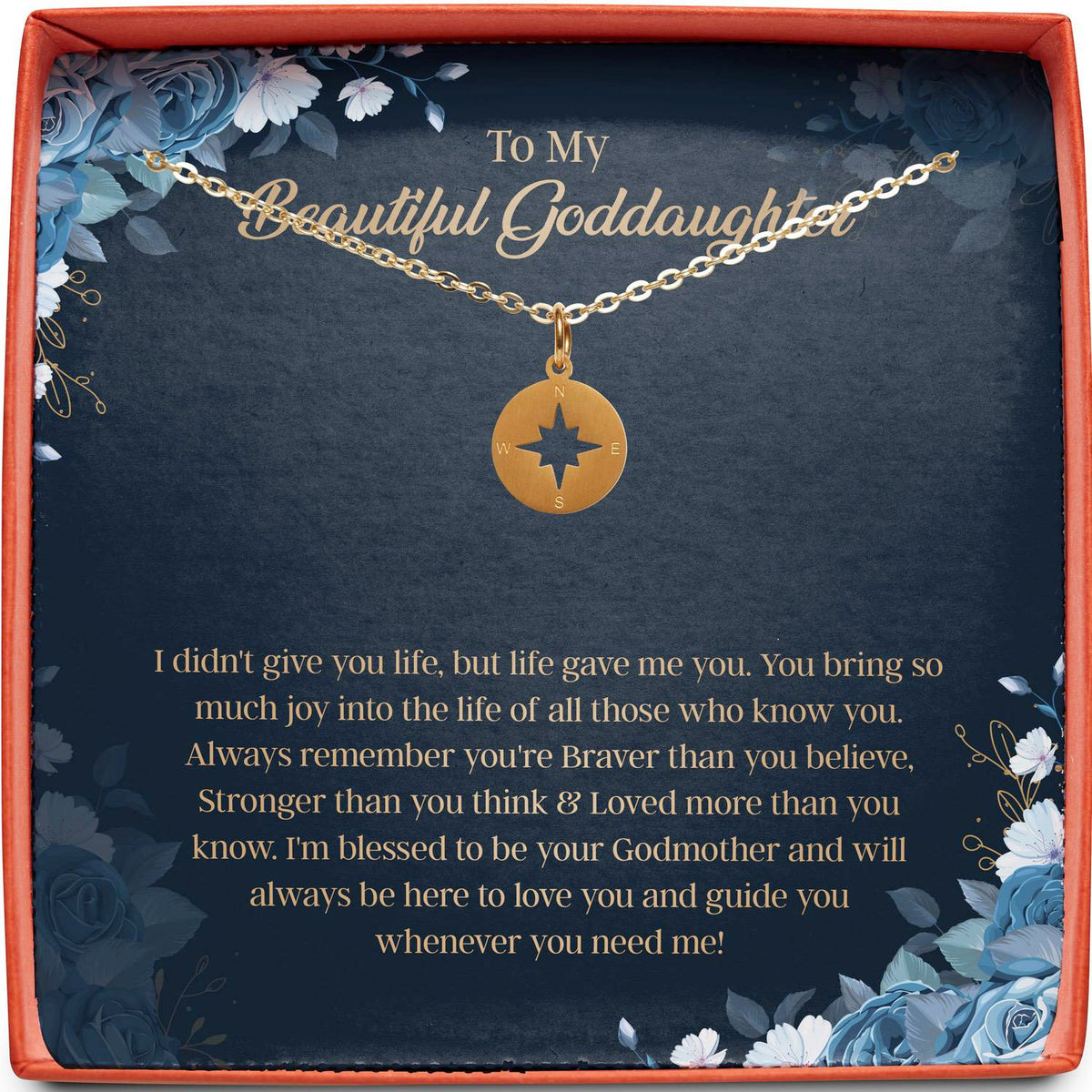 To My Beautiful Goddaughter | Braver, Stronger, Loved | Compass Necklace